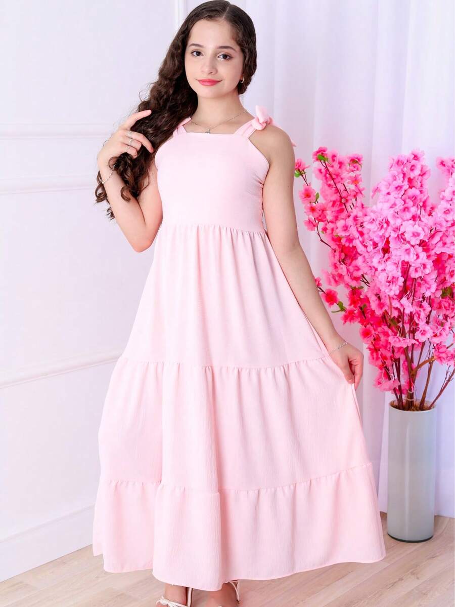 Girls' Long Three-Tiered Dress With Straps | Duna Fabric | Elastic Back | Sizes 12 To 16 - 淺粉色 - 查看 1