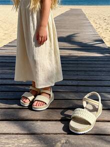 Children's Shoes On , Kids Ruffle High Heel Sandals, Elastic Strap Design For Better Fit, Woven Texture, Soft Non-Slip Soles - Beige - View 4