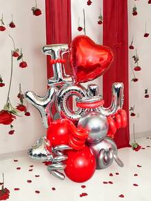 20pcs "I Love You" Column Balloon Set, Includes 16inch Silver "I YOU" Balloon, Heart Balloons, Latex Balloons, Suitable For Valentine's Day, I Love You, Engagement, Wedding Anniversary, Happy Valentine's Day, Romantic Atmosphere, Birthday, Party Decoration, Photo Booth Backdrop, Sweet Home Decor - Multicolor - View 1