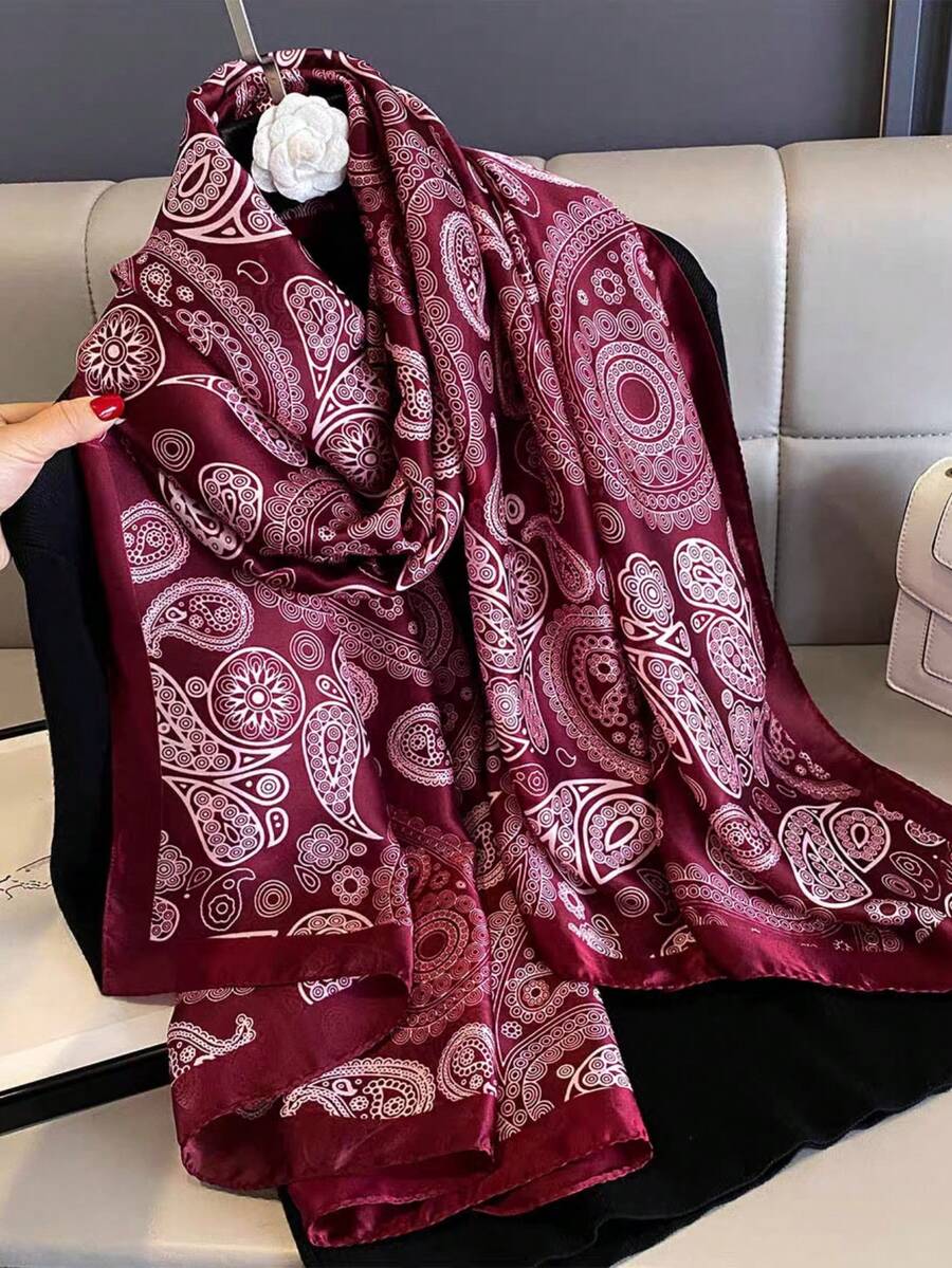 1条女士长款酒红色佩斯利印花时尚围巾，丝滑缎面材质，可作披肩、头巾、沙滩巾使用 - 酒紅色 - 查看 1
