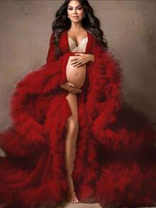 Party Wear  Women Dresses  Pregnant Gown For Photoshoot  Sexy    Mesh Fabric    Ruffle Hem    Wedding    Kimono  Women Dresses  With Belt Tie  Relax Fit  Oversized - 紅色 - 查看 1