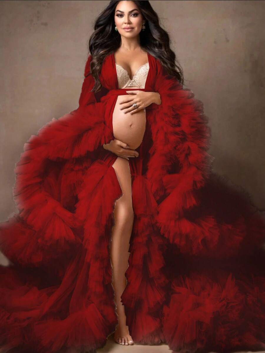 Party Wear  Women Dresses  Pregnant Gown For Photoshoot  Sexy    Mesh Fabric    Ruffle Hem    Wedding    Kimono  Women Dresses  With Belt Tie  Relax Fit  Oversized - 紅色 - 查看 1