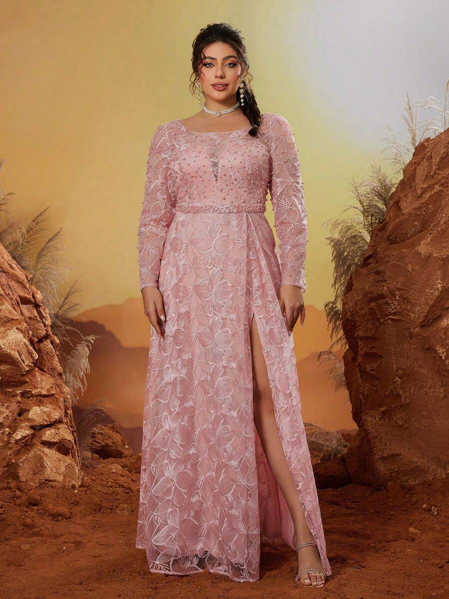 Vestido de noche de manga larga con cuello redondo, bordado de encaje con cuentas, aplicaciones y abertura - Rosa coral - Ver 1