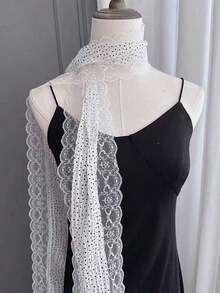 1pc White Polka Dot Lace Long Tie Neck Jewelry Summer With Thin Narrow Hairband Vintage Lace Lace Polka Dot Long Silk Scarf Women Spring Summer Fashionable Tie Decorative Neck Neck Scarf Fluttering Tape For Dress - 白色 - 查看 3