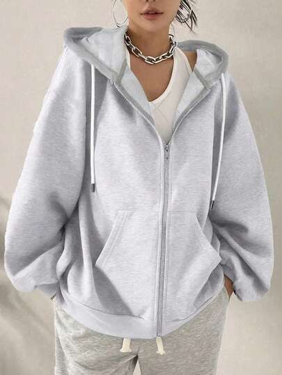 Damjacka med lång ärm och lös passform, dragkedja och dragskodetaljer, sweatshirt i avslappnad stil, lämplig för vår- och höstens vardagliga tillfällen