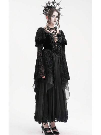 EVA LADY Vestido gótico de manga larga con cuello en V y decoración de encaje jacquard, adecuado para eventos formales con temática gótica