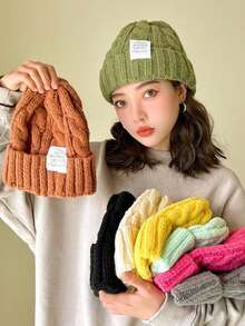 1pc Women's Candy Color Autumn/Winter Cable Knit Beanie Hat, Warm & Windproof, Fashionable Versatile Unisex Style - A - View 8