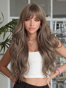 Comfort Natural Bend 26 Inch Long Curly Hair With Bangs Light Brown Wavy Wig For Women Synthetic Wig For Girls' Everyday Parties Use Light Brown Heat Resistant Long Wavy Wig - Light Brown - View 1
