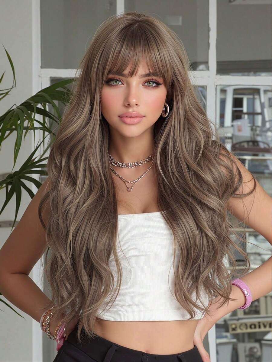 Comfort Natural Bend 26 Inch Long Curly Hair With Bangs Light Brown Wavy Wig For Women Synthetic Wig For Girls' Everyday Parties Use Light Brown Heat Resistant Long Wavy Wig - Light Brown - View 1