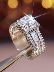 Luxury Square Cubic Zirconia Ring Set, Women's Wedding Party Jewelry, Ideal Gift For Lover Or Mother - Silver - View 2