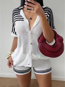 Yuwenier 2pcs/Set Striped Pattern Button Short Sleeve Shirt Knit Top Cardigan And Knit Shorts Women Beach Outfit