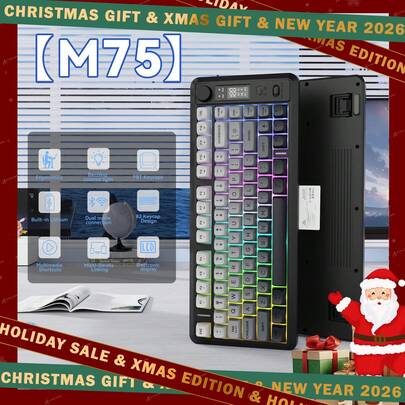ATTACK SHARK M75 Wireless Gaming Keyboard, RGB Backlit, 2000mAh Battery, Smart Display & Knob, PBT Gradient Keycaps - Elegant Christmas Gift For Women, 2026 Christmas/New Year Holiday