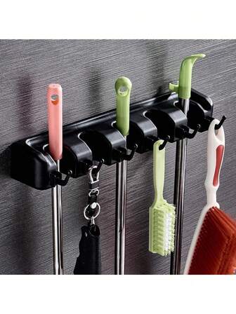 1pc Black/Grey Heavy Duty Rectangular Wall Mounted Storage Broom, Mop Holder Or Tool Organizer Bag With Hooks And Slots, Suitable For Home, Garage, Garden, Laundry Room Or Kitchen, 6 X 33 X 8.5