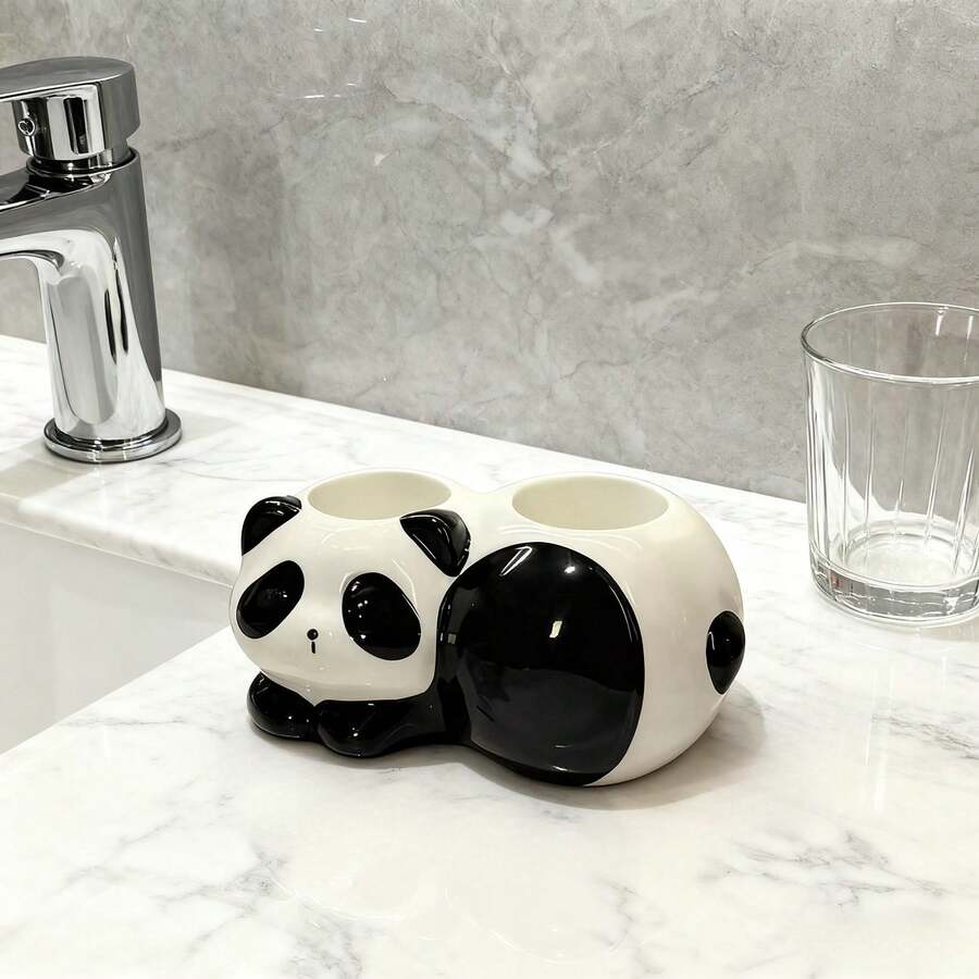 1pc Cute Panda Shaped Ceramic Toothbrush & Toothpaste Holder, Bathroom Vanity Organizer Stand For Home, Toilet - Multicolor - View 1