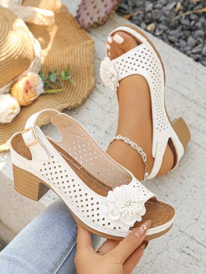 Sandalias de tacón alto con decoración de flor hueca para mujer, sandalias de tacón alto de unicolor con estilo bohemio, elegante, deportivo, de vacaciones, de vanguardia, de moda, de playa, retro y sexy para mujer, adecuadas para vacaciones, bodas, escuela, vacaciones, fiestas, oficina, exteriores, verano