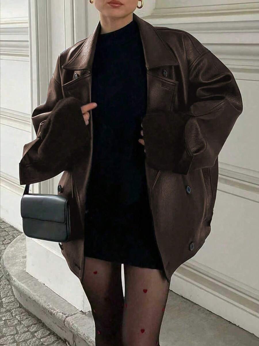 Loose Fit Basic Leather Jacket, Long Sleeve, Double-Breasted, Stylish PU Leather Jacket For Autumn/Winter - Brown - View 1