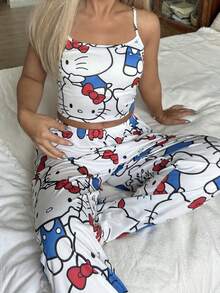 女士印花吊带露脐上衣 + 直筒弹力腰裤睡衣套装（2 件） - 白色 - 查看 4
