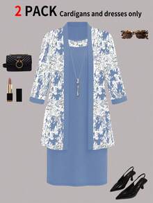 Bộ đồ 2 món dành cho nữ cỡ lớn, áo khoác cardigan in họa tiết tối giản thanh lịch + váy midi thoải mái có eo điều chỉnh được, thích hợp cho mùa Thu/Đông/Hè. - Xanh lam 65 - Xem 2