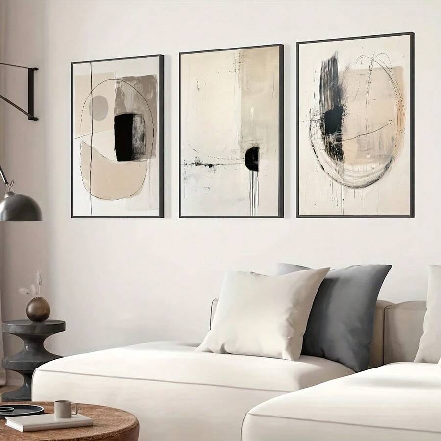 3 pezzi Poster su tela con stampe astratte geometriche in nero e beige, opere d'arte minimaliste moderne in stile giapponese vintage, adatte per bagno, camera da letto, decorazione della casa