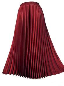 Burgundy Pleated Flare Dress, Women's Fashion Polyester Long Skirt, Non-Stretch, Casual Elegant Design Spring - Burgundy - View 4