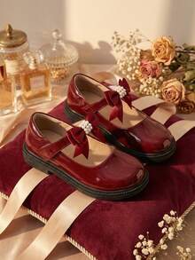 Girls' Mary Jane Shoes, Burgundy Patent Leather Pearl Bow, Soft Bottom Flat Shoes, Cute Princess Style For Toddler & Little Kid - Burgundy - View 3