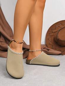 Plus Size Women's Solid Color Slip-On Flat Slippers - Khaki - View 2