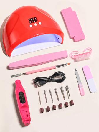 סט מניקור 15 חלקים: מנורת UV לציפורניים, פצירה, מקדחי ציפורניים, עט דבק, מברשת אבק ציפורניים, בלוקי שיוף, מפריד אצבעות, בלוקי ליטוש - מניקור איכותי בבית, המתנה המושלמת לבנות