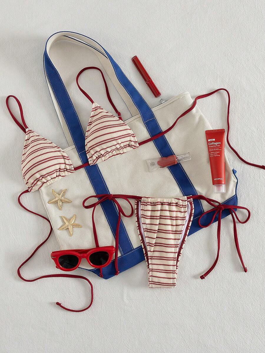 PEPPERMOLLY 新款柔软条纹毛巾布可调节肩带交叉露背性感比基尼套装，女士夏季沙滩时尚泳装度假装 - 紅棕色 - 查看 1