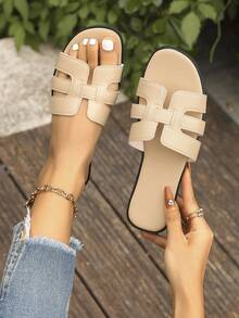 Women's Solid Color Korean Style Slippers, New Fashion Flat Casual Beach Sandals - Khaki - View 7