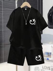 Tween Boy Casual Print Short Sleeve T-Shirt And Shorts Set, Summer - Black - View 1