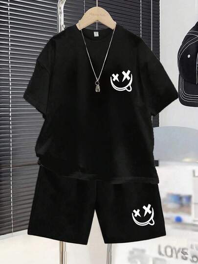 Tween Boy Casual Print Short Sleeve T-Shirt And Shorts Set, Summer