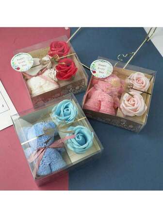 1 pieza Caja de regalo, Caja de regalo con Oso de toalla, Jabón y Rosa, Día de San Valentín, Regalo de cumpleaños, Regalo de aniversario y boda - Caja de regalo roja del Día de San Valentín - Mejor para mujeres, esposo y esposa, regalo de Acción de Gracias y Navidad