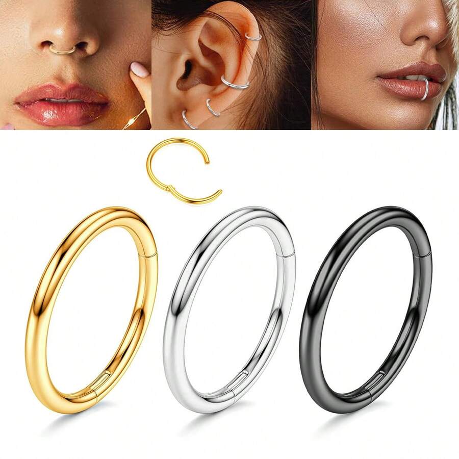 ADYJELY Set de 3 anillos nasales hipoalergénicos de acero inoxidable, aros de cartílago de 16G/18G, aros de septum, el mejor regalo para niñas, anillo de segmento chapado en oro de 18K, aros para el ombligo, aros para el labio, aros para hélice, rook, trago, snug/concha, 2do/3er lóbulo, de 6mm, 8mm, 10mm, 12mm para oreja/aro de ceja, joyería de perforación corporal para mujeres y hombres - SQ - Ver 1