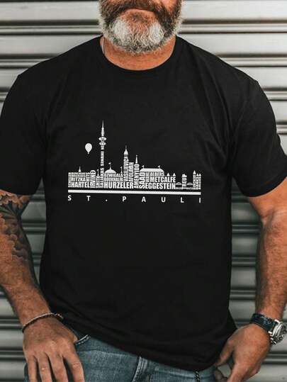 Camiseta gráfica de paisaje urbano de San Pablo para hombres - Tela elástica y transpirable, camiseta casual de ajuste regular con estampado de horizonte urbano, lavable aáquina, comodidad para todas las estaciones, ropa de ocio, cuello redondo clásico, camiseta de ajuste cómodo