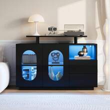 Elegant Black LED Sideboard With Oval Glass Doors And A High-Gloss Front: Combines Modern Design With Practical Storage Space. Ideal As A Display Cabinet, Sideboard, Or Minibar For Stylish Spaces. - Black - View 1