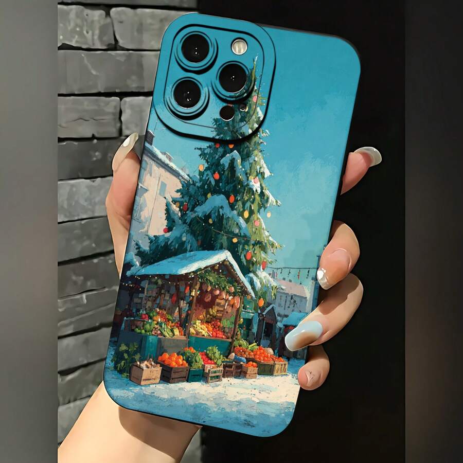 2026 nueva funda de teléfono esmerilada, funda de teléfono con escena de mercado navideño con árbol nevado y estantes de frutas impresa para 17 14 Pro Max 17 13 17 12 Galaxy S23 S22 S21 protector de teléfono funda de pareja regalo para novio novia regalo de vacaciones - Blanco antiguo - Ver 1