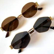 Set Of 2 Vintage Oval Sunglasses With UV400 Protection, Metal Frame For Women And Men - dourado e marrom - 查看 1
