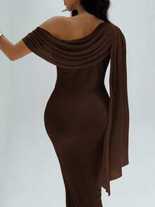 大码女士优雅棕色修身针织连衣裙，不对称领口长款铅笔裙，无袖，适合正式场合、宾客礼服和夏季派对穿着 - 棕色 - 查看 7