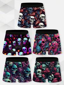 5 Packs Men's Shorts With Novel Pattern Printing, Polyester Fiber Elastic Fabric, Soft And Skin Friendly, And Fashionable, Quick Drying And Breathable, Mischievous And Cute Men's Boxer Shorts