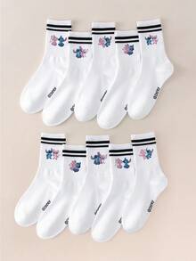 Disney 1/5/10 Pairs Stitch Angel Design Socks, Cartoon Crew Socks, Lilo & Stitch Anime Movie Novelty Socks, Black Striped White Mid-Calf Socks, Women Ankle Socks, Soft Breathable - Multicolor - View 18