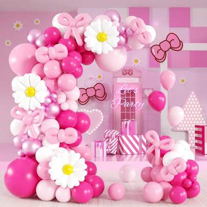 139pcs Cartoon Cat Theme Balloon Arch Set, Includes Daisy Foil Balloons And Long Latex Balloons In Bright Pink, Pink, White, Metallic Pink Colors. Suitable For Birthday Party, Baby Shower, 1st Birthday, Proposal, Engagement And Other Cute Cat Themed Party Decorations.