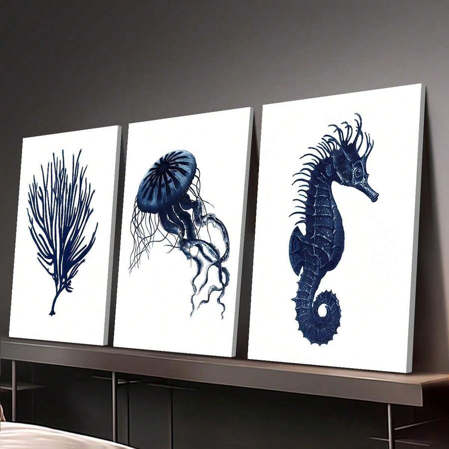 3 pièces Impression sur canevas sans cadre, peinture décorative, vie marine bleu marine, peinture à l'encre de vie marine, corail, méduse et hippocampe, décoration murale intérieure, affiches d'art mural d'animaux