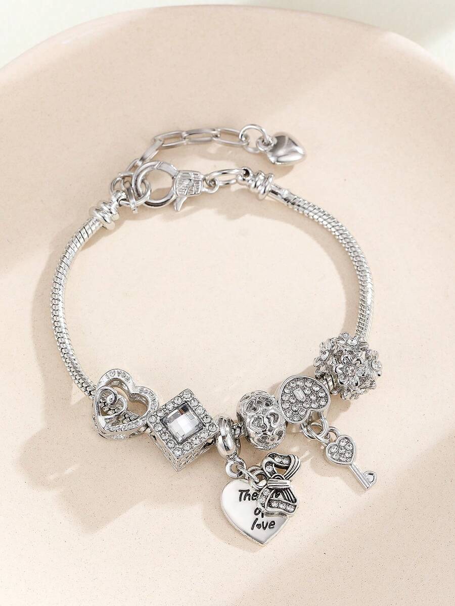 Pulsera con colgante de corazón y llave con decoración de cristal rhinestone para San Valentín