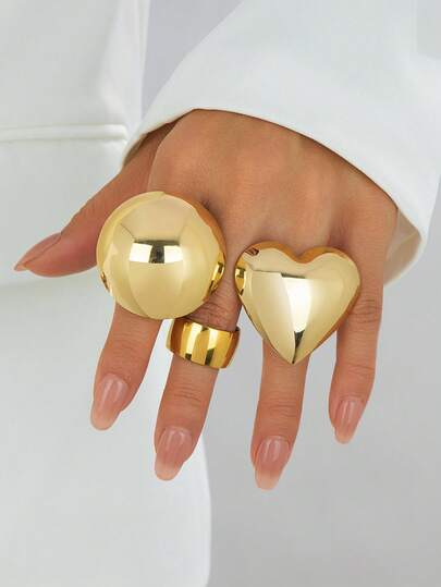 3pcs Gold Metal Heart & Geometric Shaped Exaggerated Fashion Jewelry, Suitable For Daily Wear And Festivals