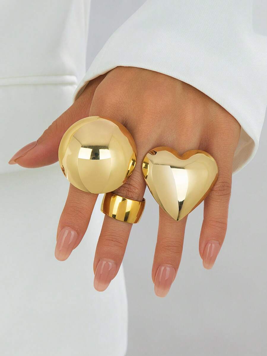 3pcs Gold Metal Heart & Geometric Shaped Exaggerated Fashion Jewelry, Suitable For Daily Wear And Festivals - Yellow Gold - View 1