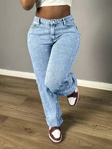 Chicsale Women's Pearl Jeans - Straight Leg Fully Embellished With Pearls, Mid Rise Non-Stretch Pants For Evening & Special Events - Xanh nhạt 2 - Xem 4