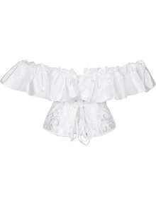 New Satin Floral Ruffle Off Shoulder Corset Top With Tie Back, Waist Cinching Shapewear - White - View 3