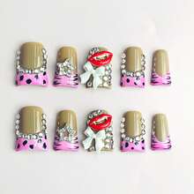 NailLuxe 10 PCS Handmade Duckbill Press - On Nails | Lip & Leopard Glam With Acrylic Lip Accents, Leopard Print Patterns & Vibrant Color Hues - 西瓜粉 - 查看 2