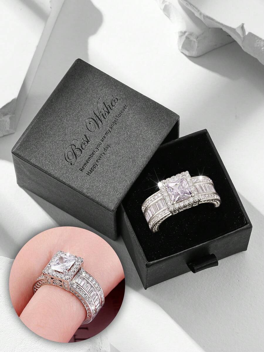 Luxury Square Cubic Zirconia Ring Set, Women's Wedding Party Jewelry, Ideal Gift For Lover Or Mother - Silver - View 1
