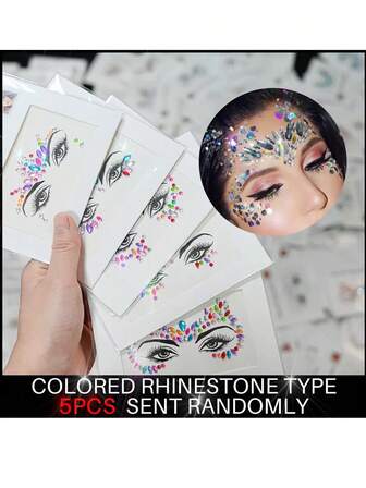 5pcs/Set Face Gems Stickers, Mixed Mermaid Crystal Rhinestone Styles, Face Gems Crystal Sticker Set, Gem Face Mermaid Carnival Party Diamonds Temporary Tattoos (Random Colors & Shapes!!)
